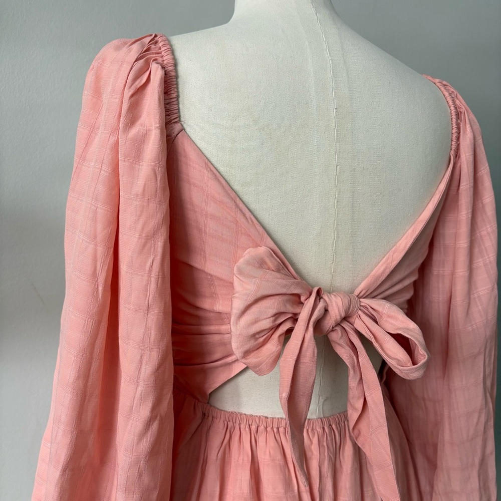 Peach Square Neck Puff Sleeve Mini Dress Back Tie | Size S Baby Doll - Picture 11 of 11